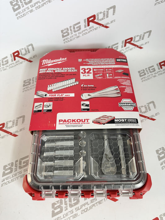 Milwaukee  Metric Ratchet & Socket Set with Packout™ Low-Profile Compact Organizer, 32 Pcs, 3/8" Drive Size, Deep