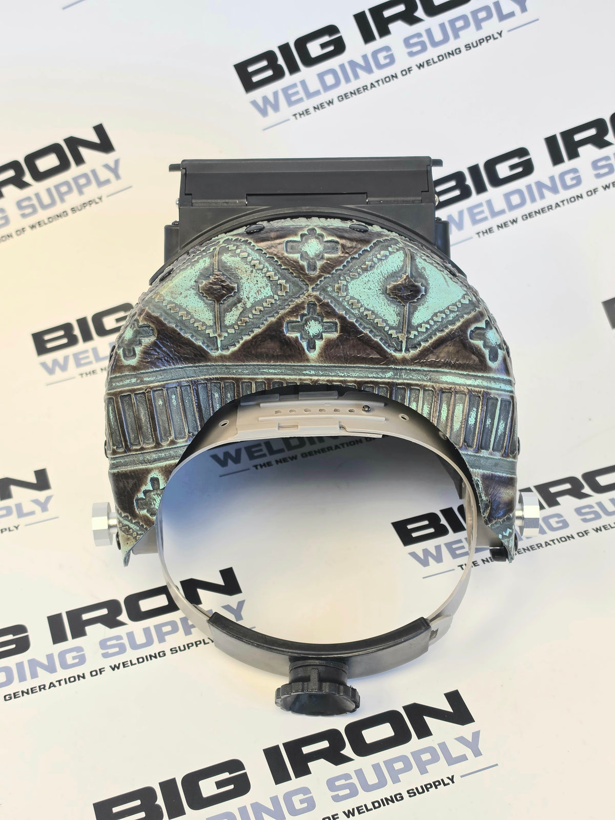 Carbon Fiber Leather Welding Hood Chopped Top Flip Up-Western Teal