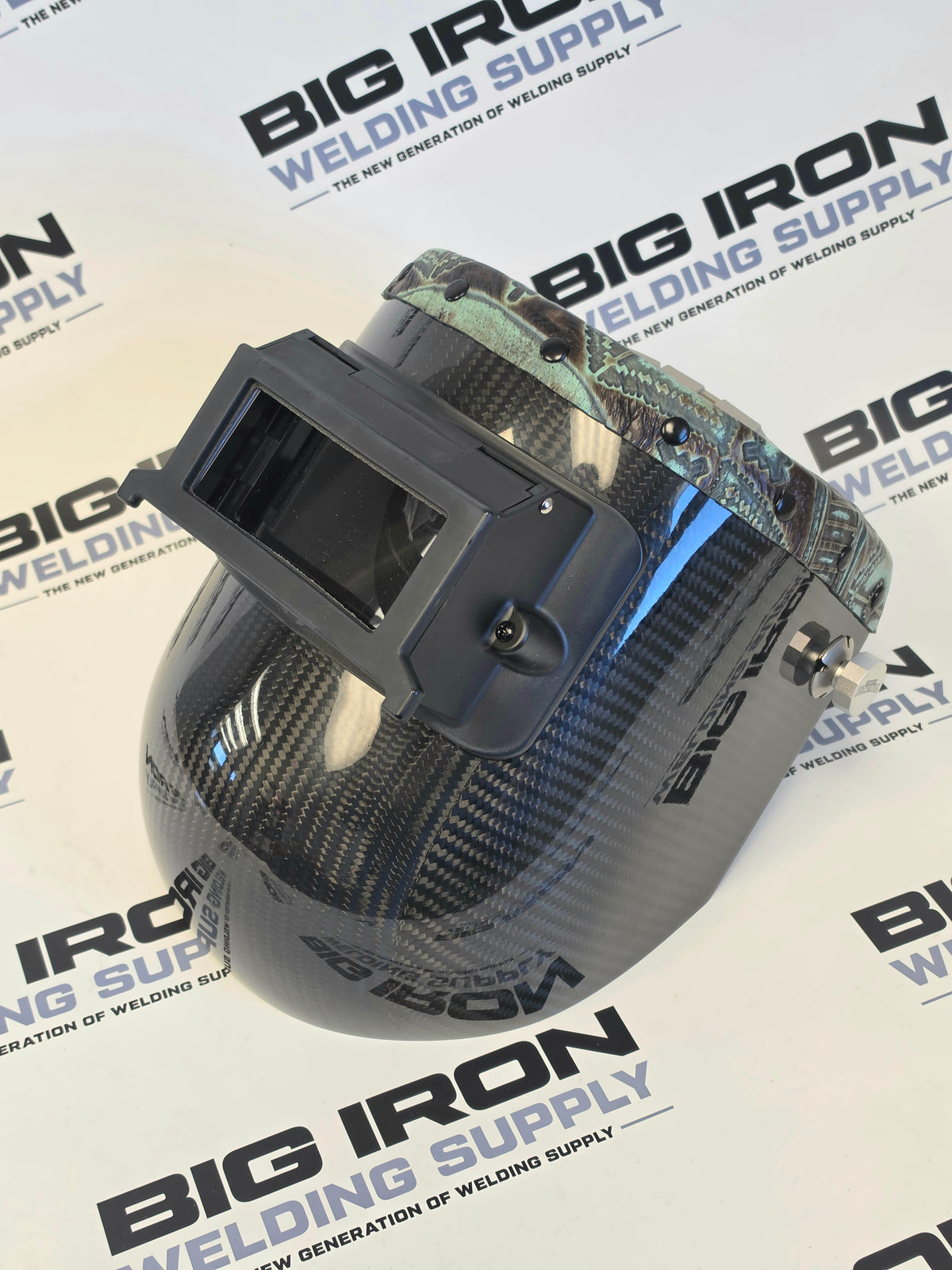 Carbon Fiber Leather Welding Hood Chopped Top Flip Up-Western Teal