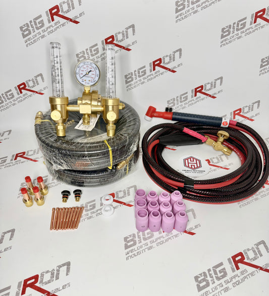 Complete Tig Rig Setup With Heavy Hitters 200 amp 15’ Torch + Dual Flow Regulator.