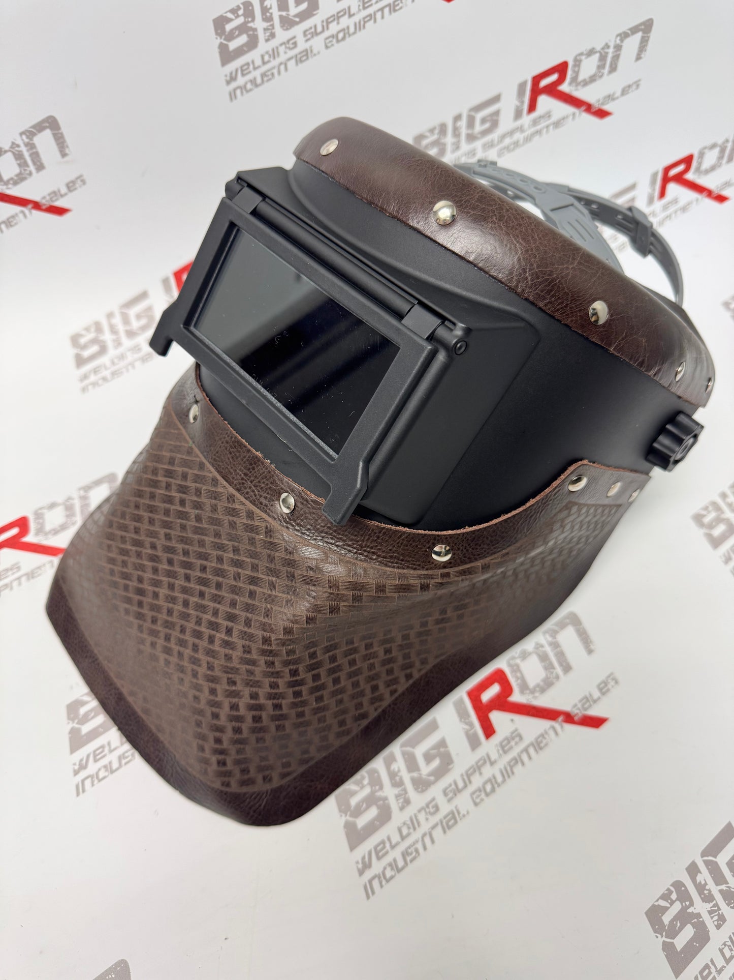 OUTLAW LEATHER- Slimeline Black Welding Hood-Basketweave-Fudge