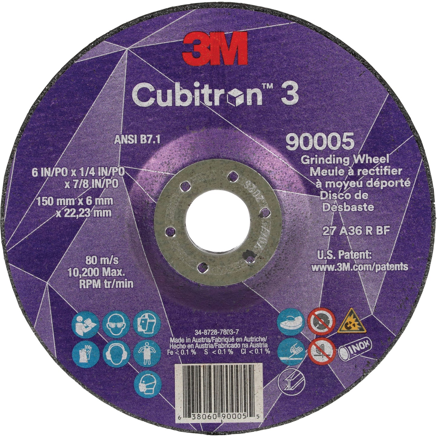 3M  Cubitron™ 3 Depressed Centre Grinding Wheel, 6" x 1/4", 7/8" Arbor, Ceramic, Type T27