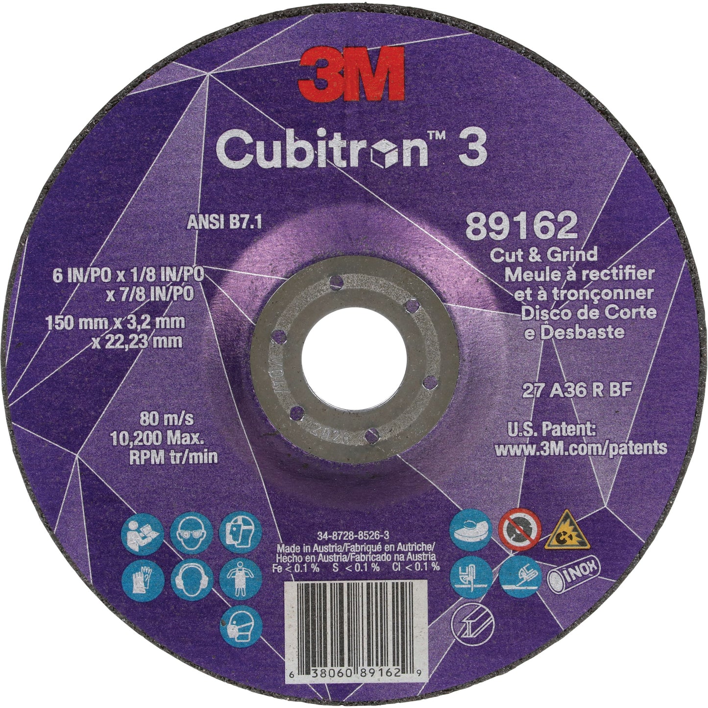 3M  Cubitron™ 3 Cut and Grind Wheel, 6" x 1/8", 7/8" Arbor, Type 27, 36 Grit, Ceramic