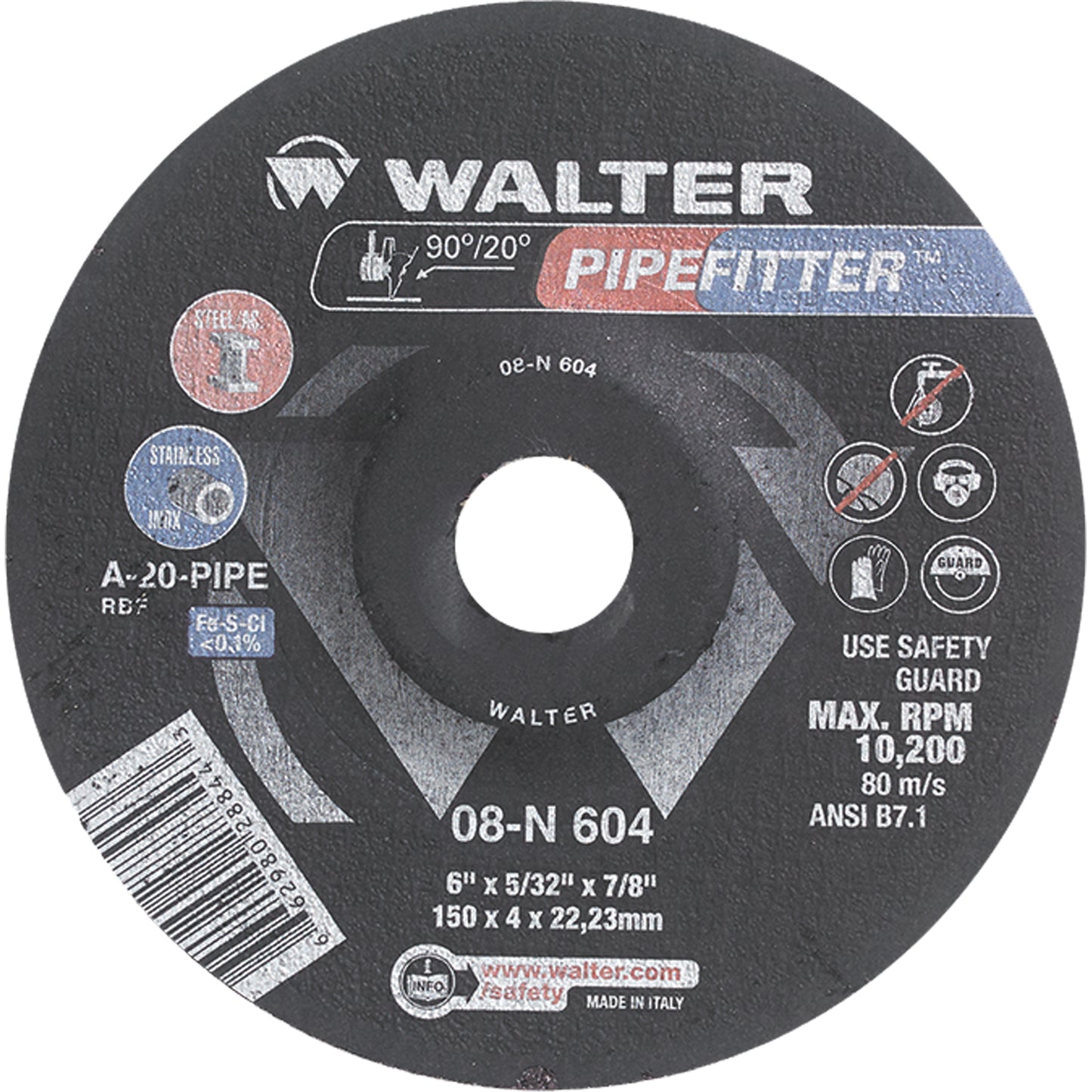 WALTER - PIPEFITTER™ Grinding Wheel, 6" x 5/32", 7/8" Arbor, Type 27